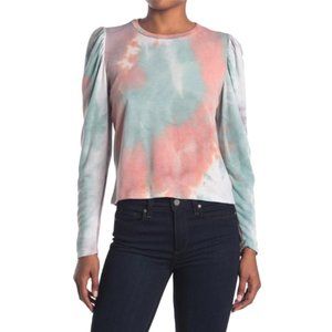 NWT Know One Cares Women's Tie Dye Puff Sleeve Top‎ Crewneck Jade Coral Size L